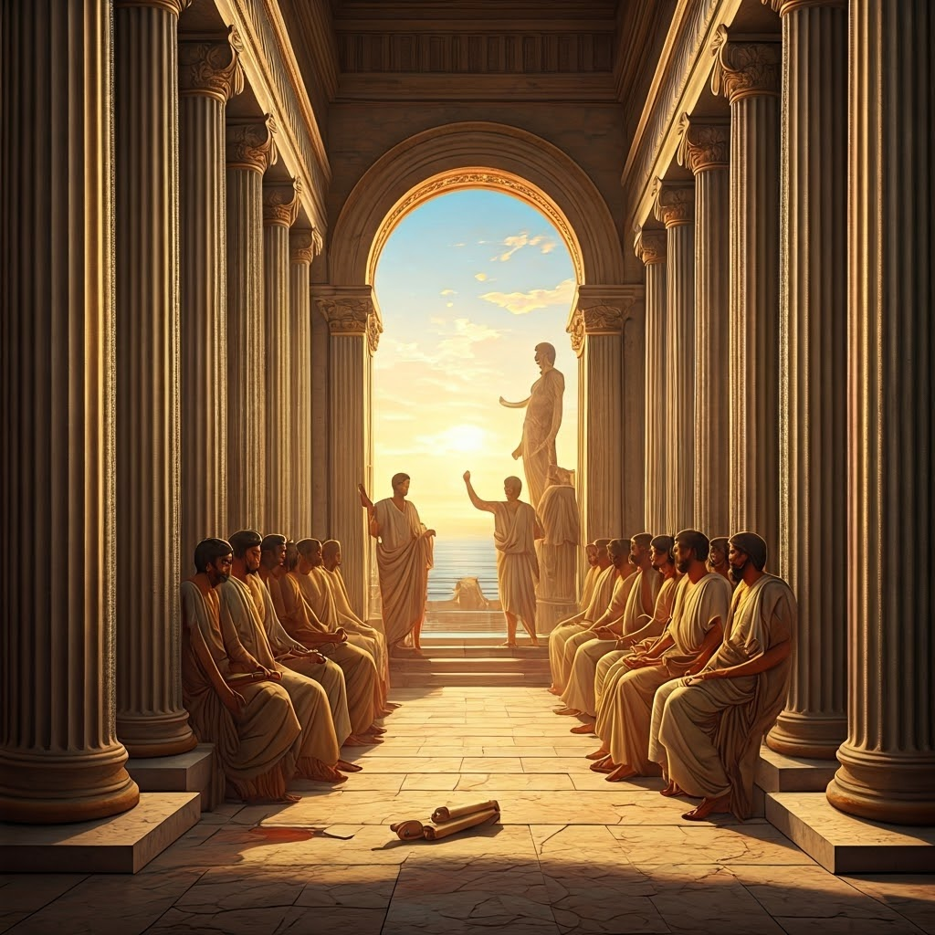 Citizens gather in the Athenian agora at dawn to vote on new laws.