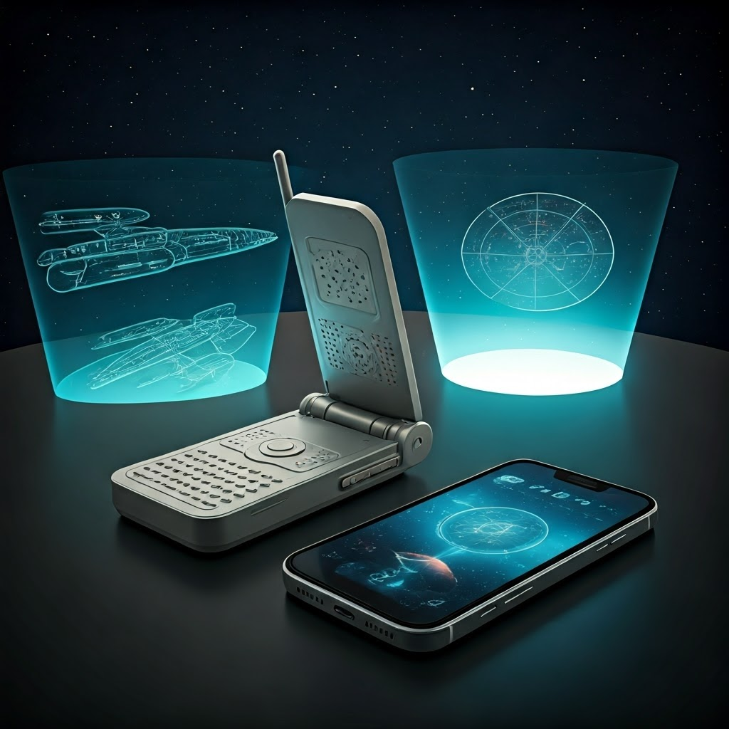 A retro flip communicator beside a modern smartphone amid spacecraft sketches and holograms