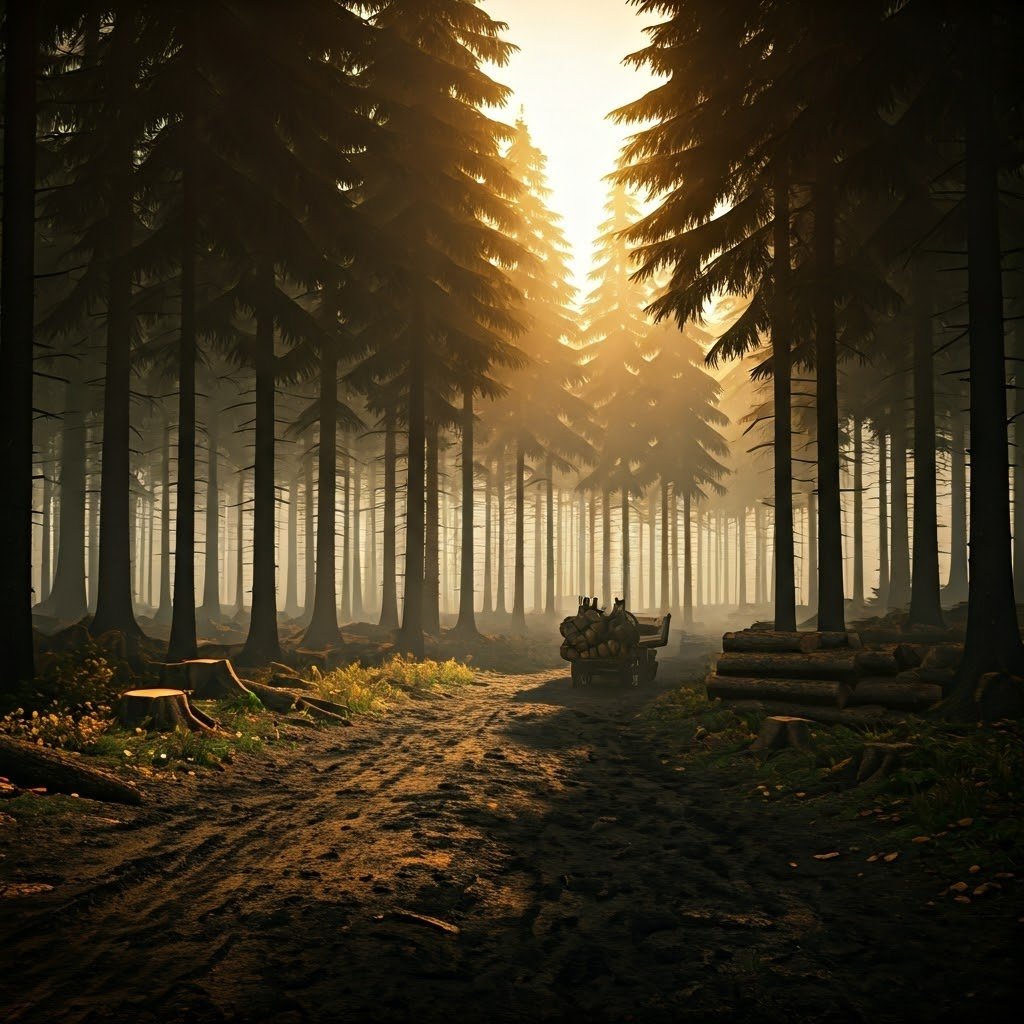 Panoramic scene of felled trees and workers hauling logs through a misty forest, capturing the scale of timber demand for early ironmaking.