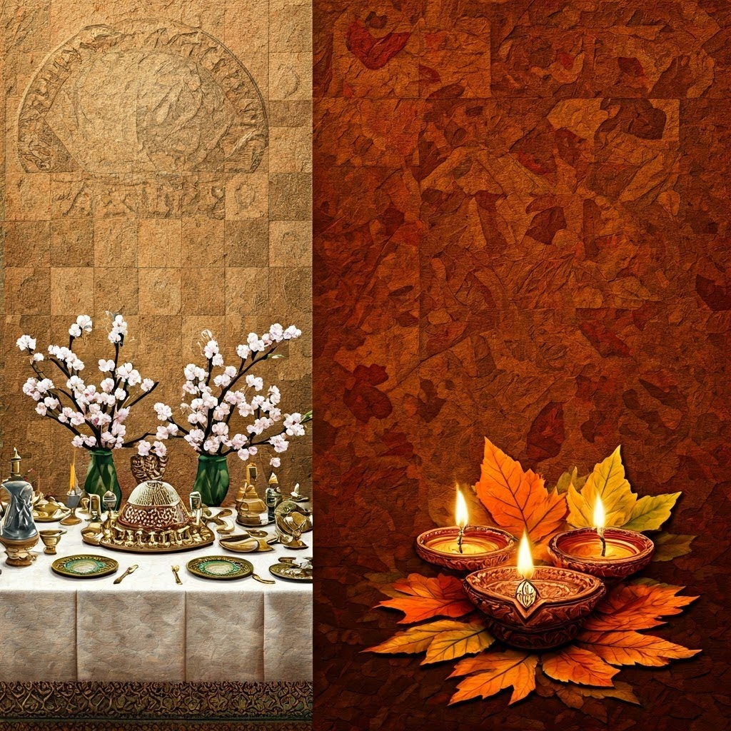 A collage blends a Jewish Passover table with spring flowers and a Hindu Diwali lamp amid autumn leaves, over a lunar grid.