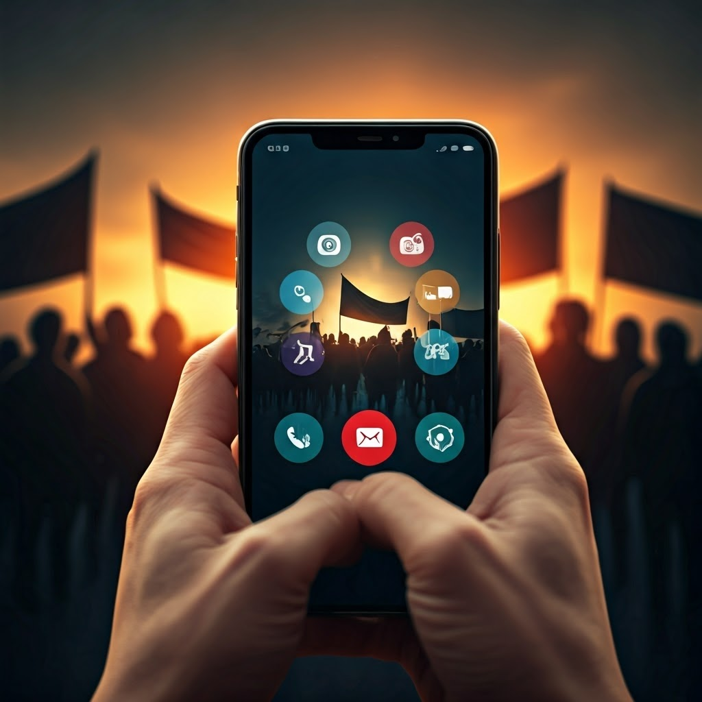 A close-up image of a stylish modern smartphone held in a hand, its screen displaying a multi-tool interface: camera, live-stream icon, chat bubbles, map. The background shows blurred silhouettes of protesters marching in twilight with banners. Warm backlighting creates a silhouette effect around the phone. Style: hyperrealist digital painting with soft focus and cinematic lighting, conveying empowerment and versatility.