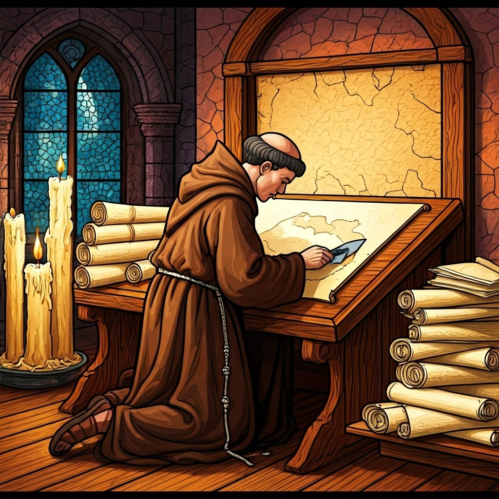 Stained-glass mosaic scene of a monk scraping ink from an animal-skin parchment, showing parchment’s longevity and reuse.