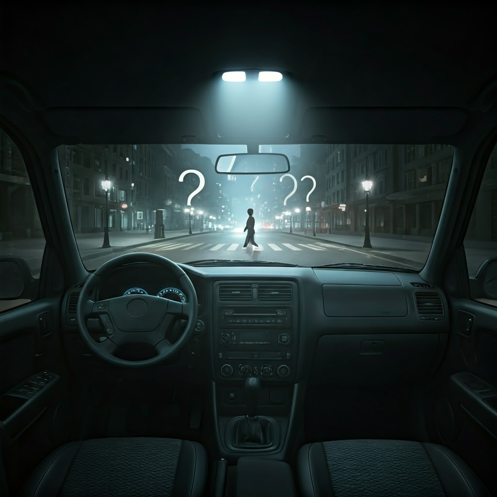 Empty driver’s seat under a spotlight, hinting at accountability questions