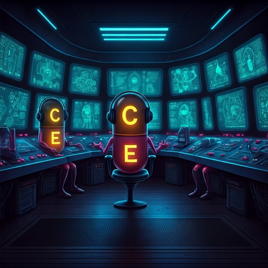 Animated vitamin pills work like tech support agents in a neon cyberpunk control room, monitoring holographic images of human organs