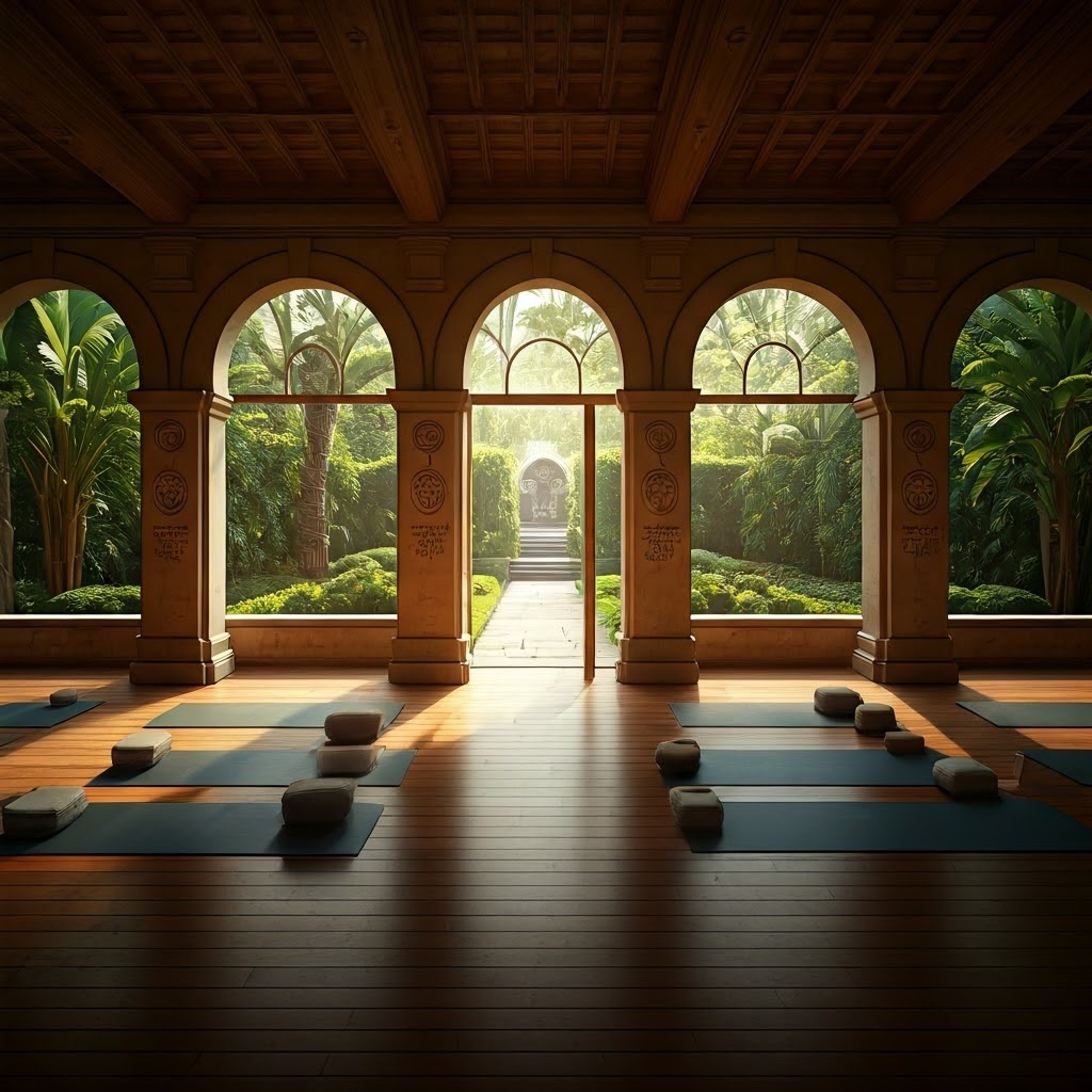 Early-morning yoga hall with mats laid out and sunlight streaming through arched windows, evoking calm readiness for practice.