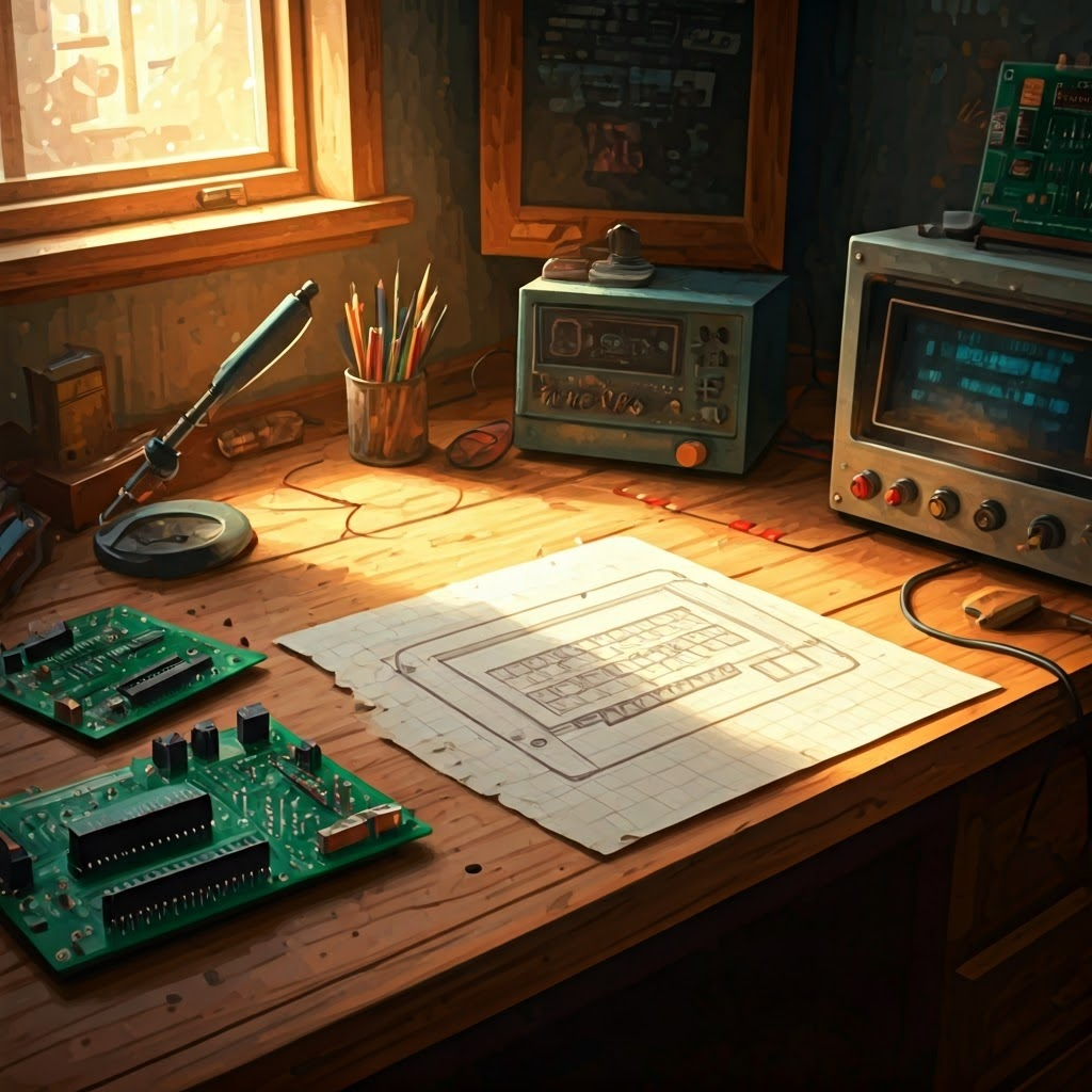 1970s home workshop where a hobbyist assembles an early microcomputer amid sunlit sketches.