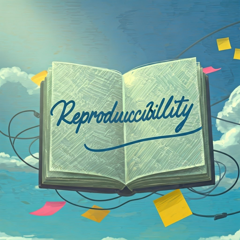 Surreal notebooks and cables floating under the word Reproducibility.