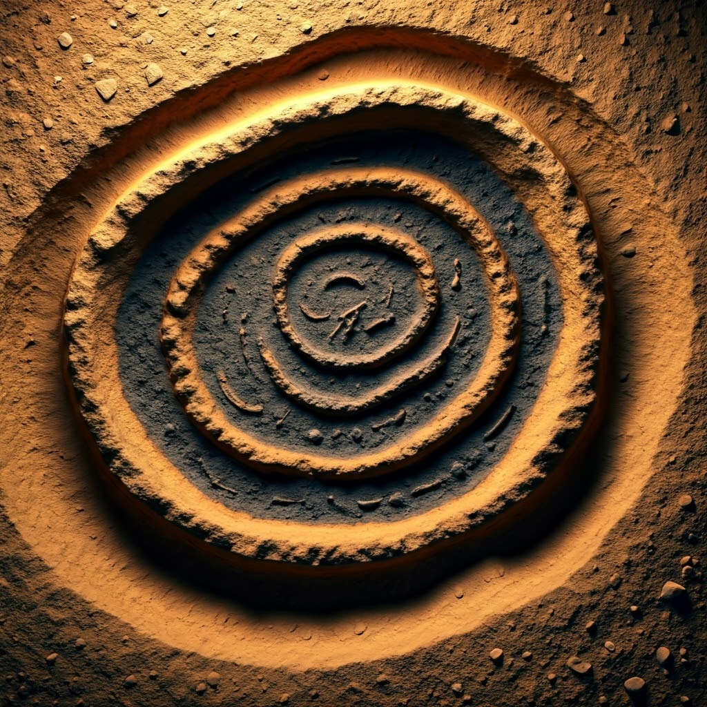 Excavation diorama with burnt bones, cracked stones, and blackened earth rings.