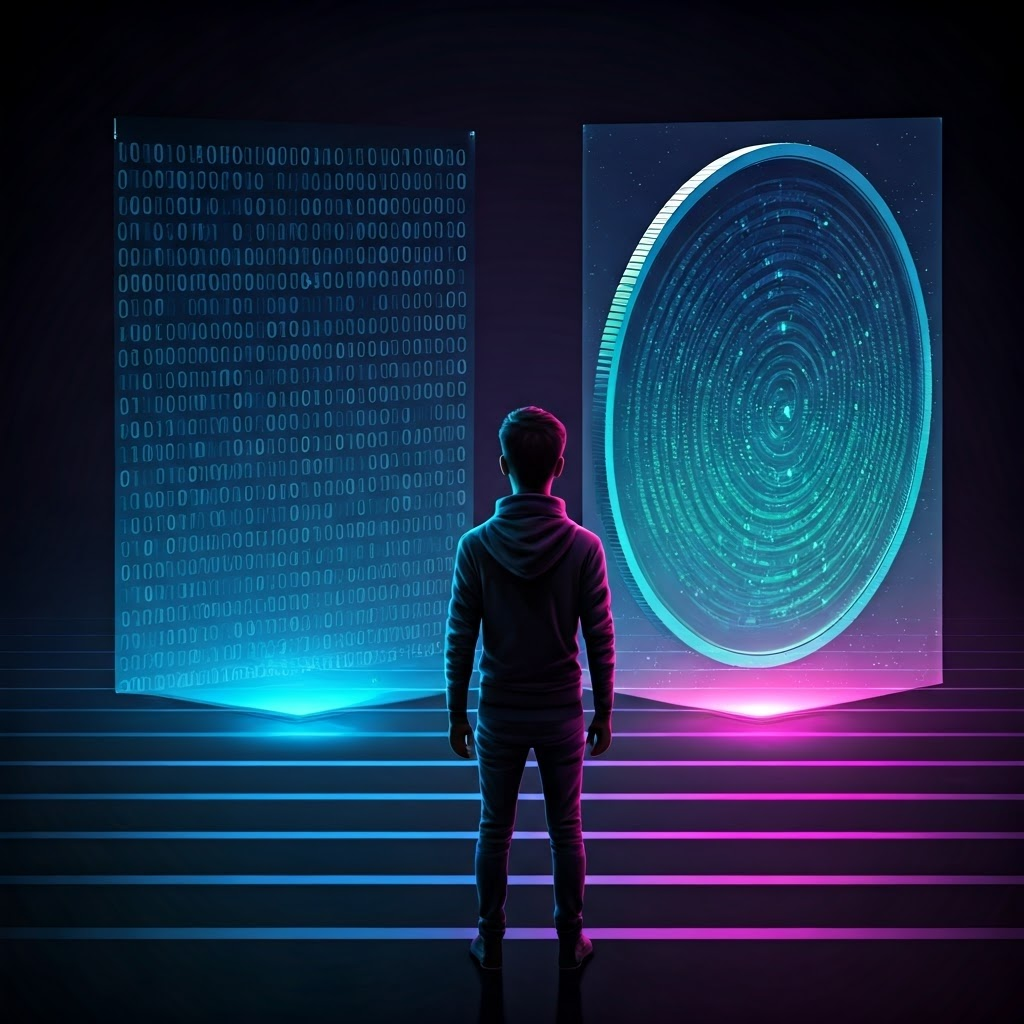 Person in neon-lit room comparing glowing binary grid with a spinning coin, symbolizing the leap from bits to qubits
