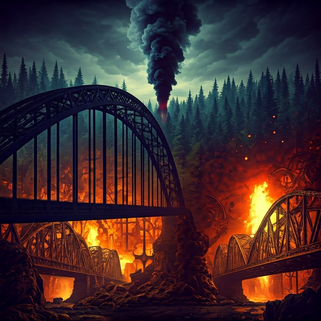 Surreal collage merging smoky forests glowing furnaces gears and soaring iron bridges, illustrating the transformative journey from wood to coke.