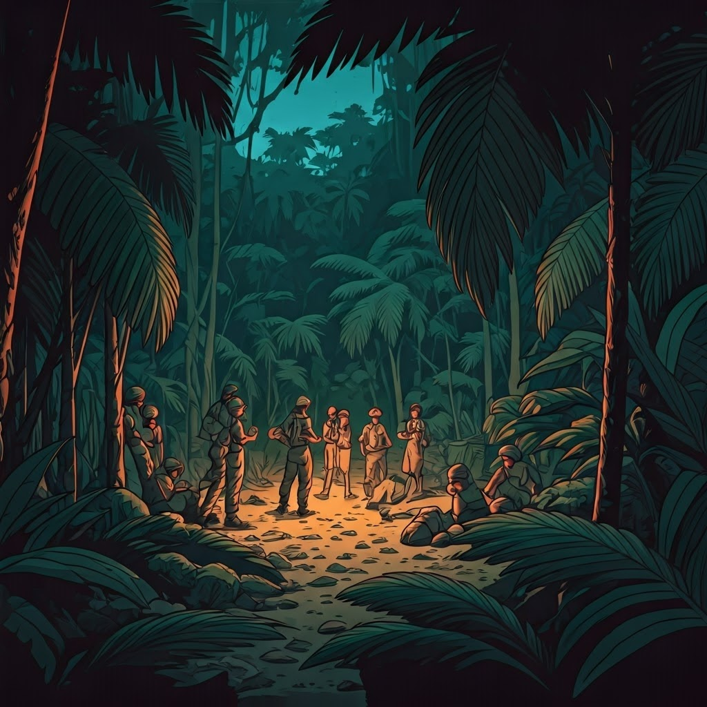 Guerrillas navigate Sierra Maestra jungle with local support.