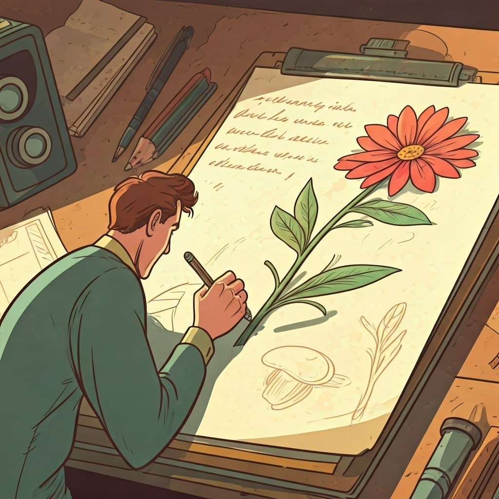 A focused artist sketching a detailed hand and flower, revealing overlooked details.