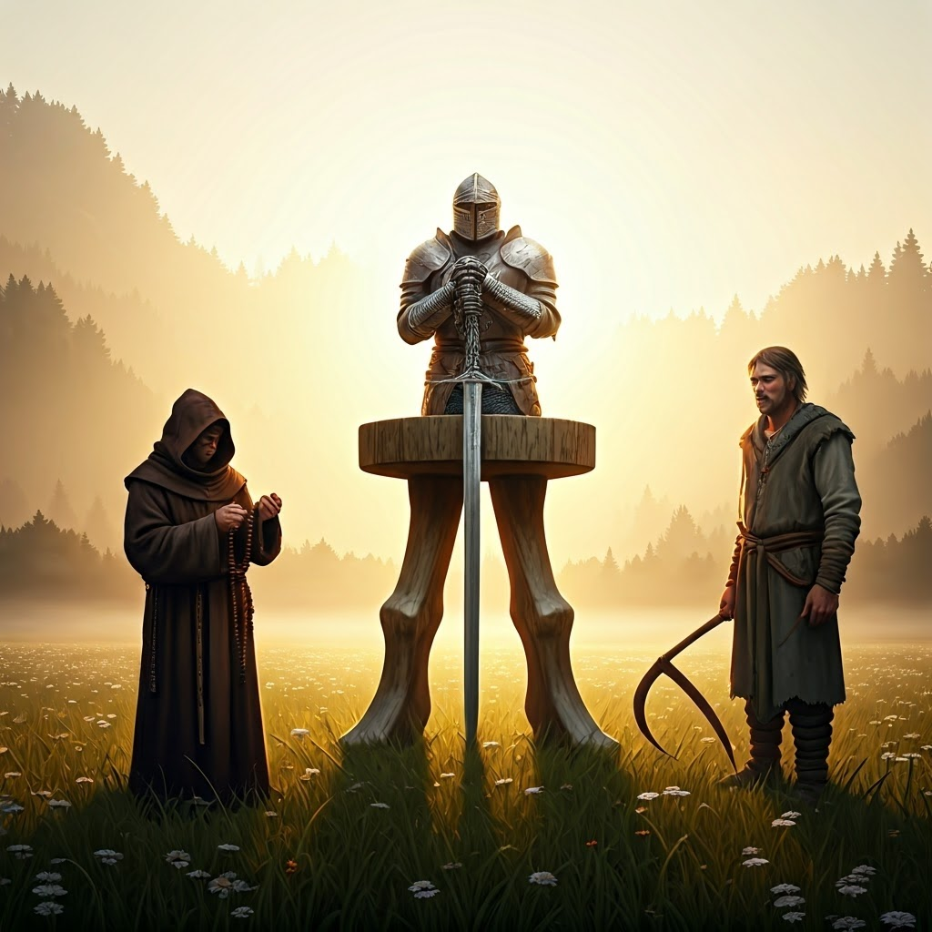 A foggy dawn meadow where a monk, knight, and peasant stand on the three legs of a giant wooden stool that represents medieval social orders.