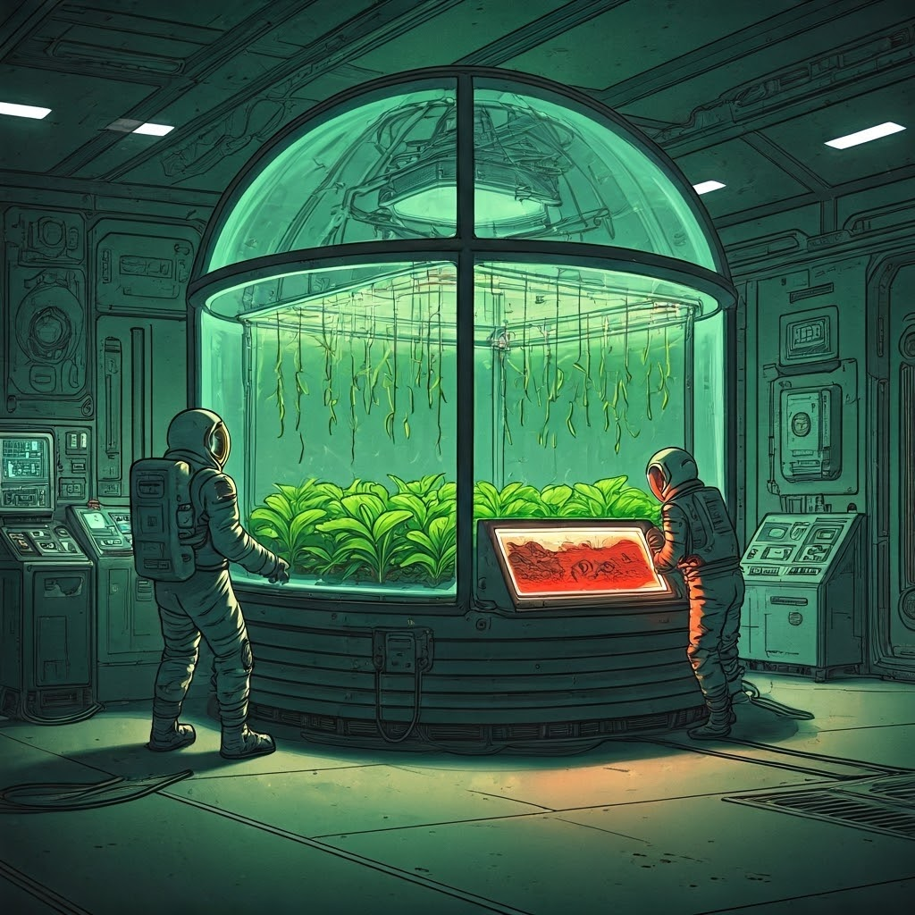 A bright greenhouse module shows lush hydroponic plants as crew test suits and monitor habitat readings.