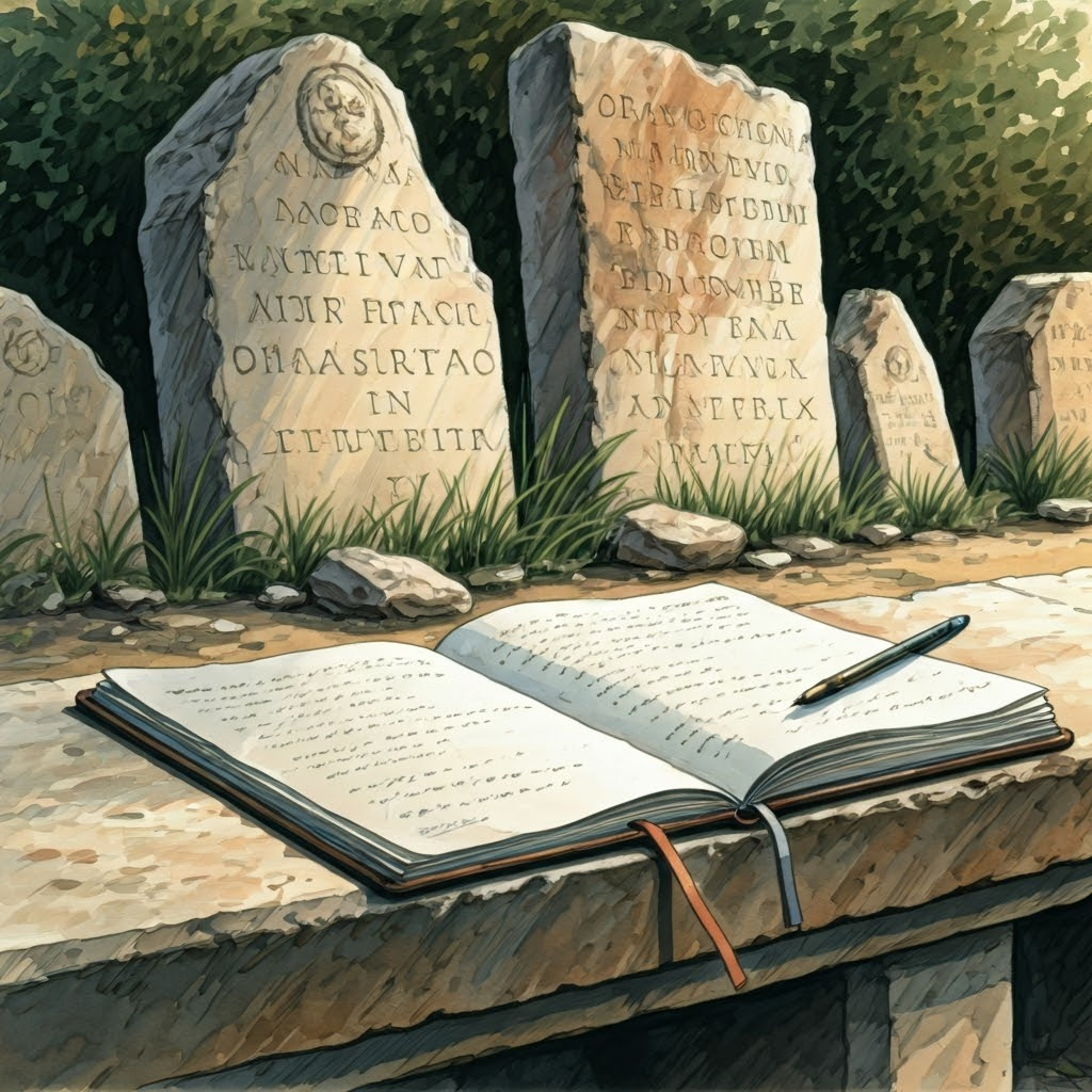 An open notebook, broken inscriptions, and scattered fragments show the careful work of reconstructing lost stories.