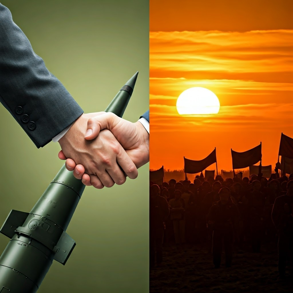Split image of a handshake over a warhead and protesters under a fading sun