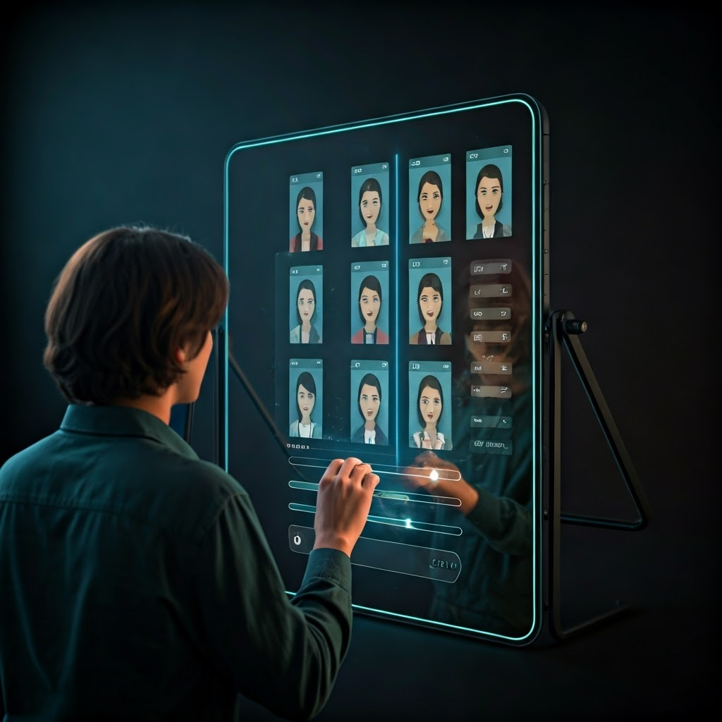 A reflective scene of a person in front of a large mirror made of smartphone screens, each showing a different version of their profile. They adjust brightness and color sliders on a holographic interface. Style: futuristic digital realism with sleek UI elements, soft neon glows, chrome accents, and subtle depth of field that convey the curated identity and presentation pressure.