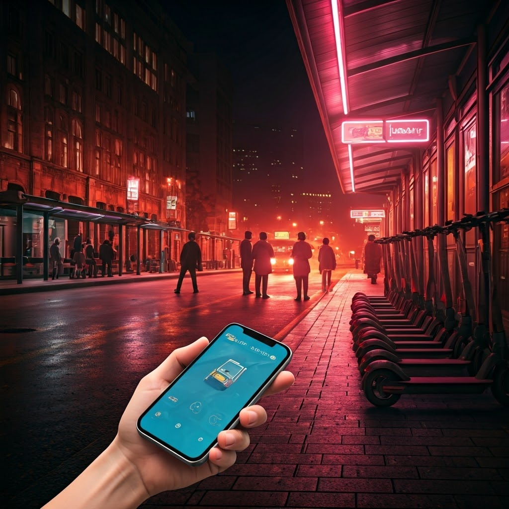Twilight city street filled with neon e-scooters, commuters, and a ride-hailing app foreground, illustrating fast-changing urban mobility