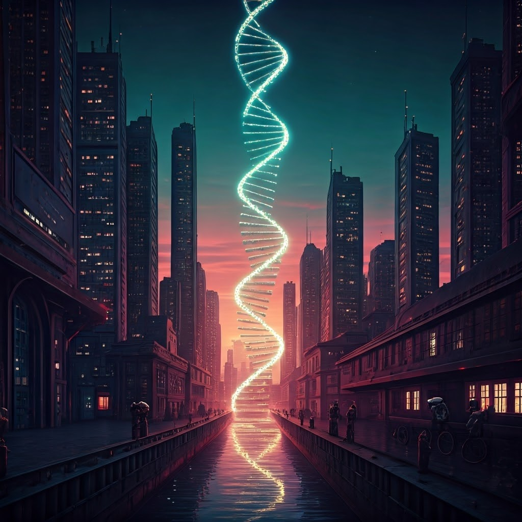 Futuristic city skyline intertwined with a glowing DNA helix, symbolizing genetics guiding urban life
