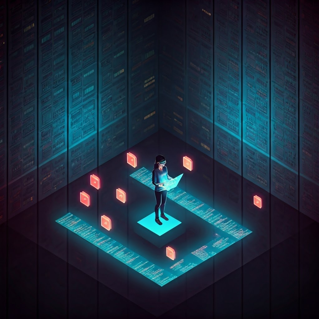 Glowing cyberpunk file system labyrinth illustrates navigating complex computer folders to locate data efficiently