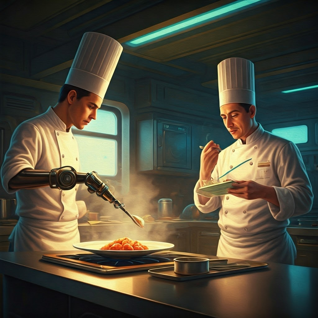Two futuristic chefs—one human, one robotic arm—preparing food together to illustrate how AI learns through practice