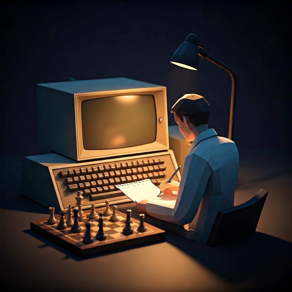 A low-poly vintage mainframe beside a chessboard, illustrating early rule-based AI