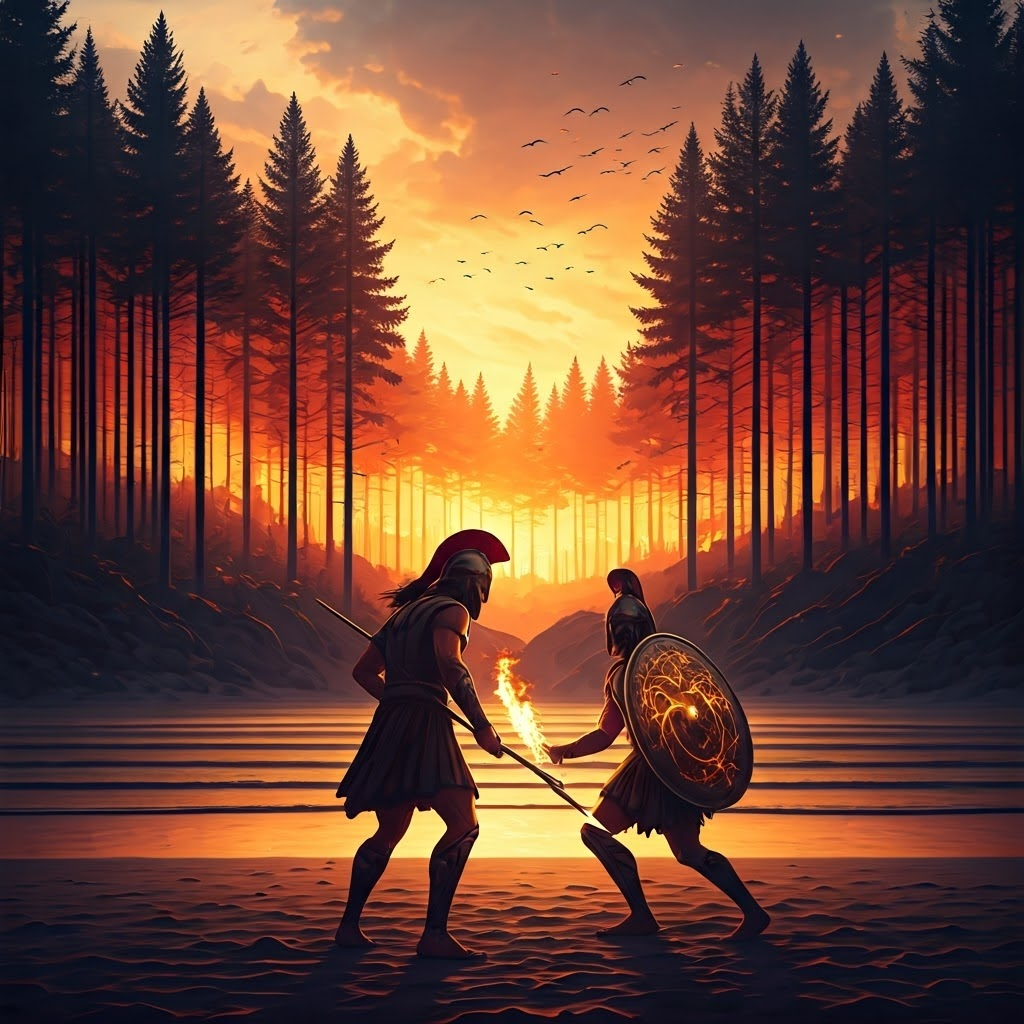 Clashing warriors and burning forest visualize vivid Homeric simile.