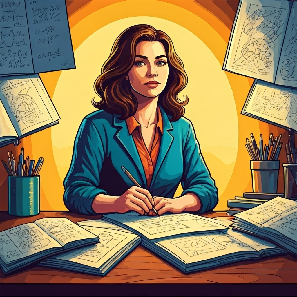 A determined researcher reviews notebooks full of sketches and calculations under warm desk light.