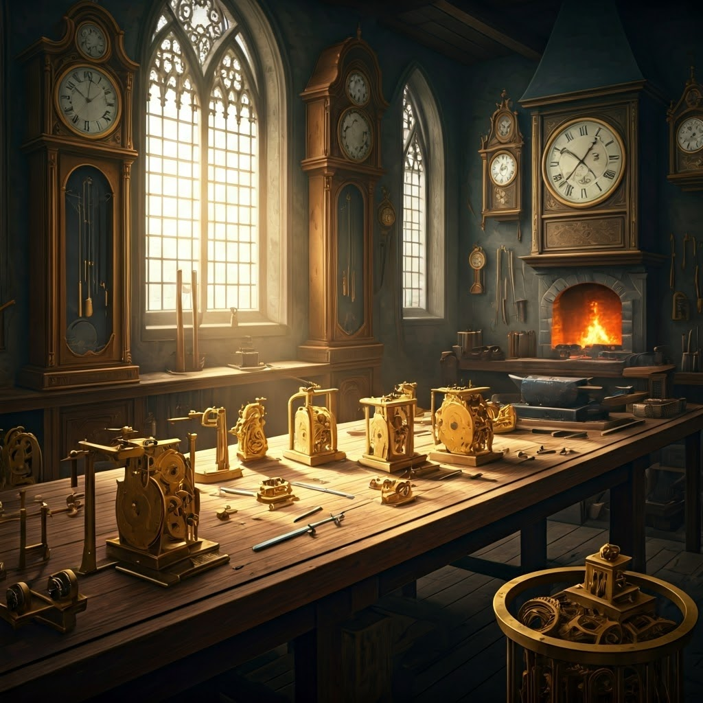 18th-century clockmaker crafting gears and springs inside a sunlit workshop.