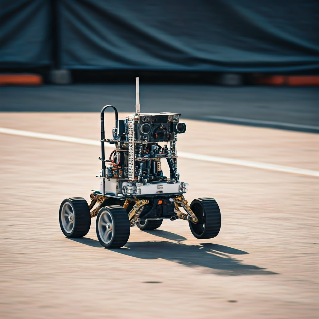 An autonomous rover faces a shiny soda can in a sun-drenched parking lot, sensors flaring from glare