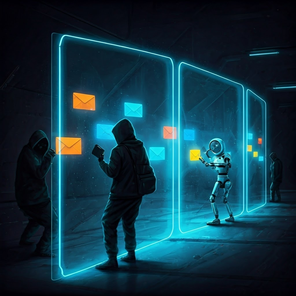 Neon security wall blocking malicious data while safe packets pass gates