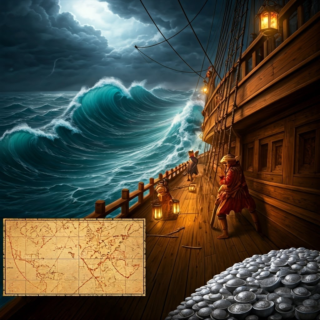 Baroque-style painting of a Manila galleon battling waves while carrying silver and silk across the Pacific.