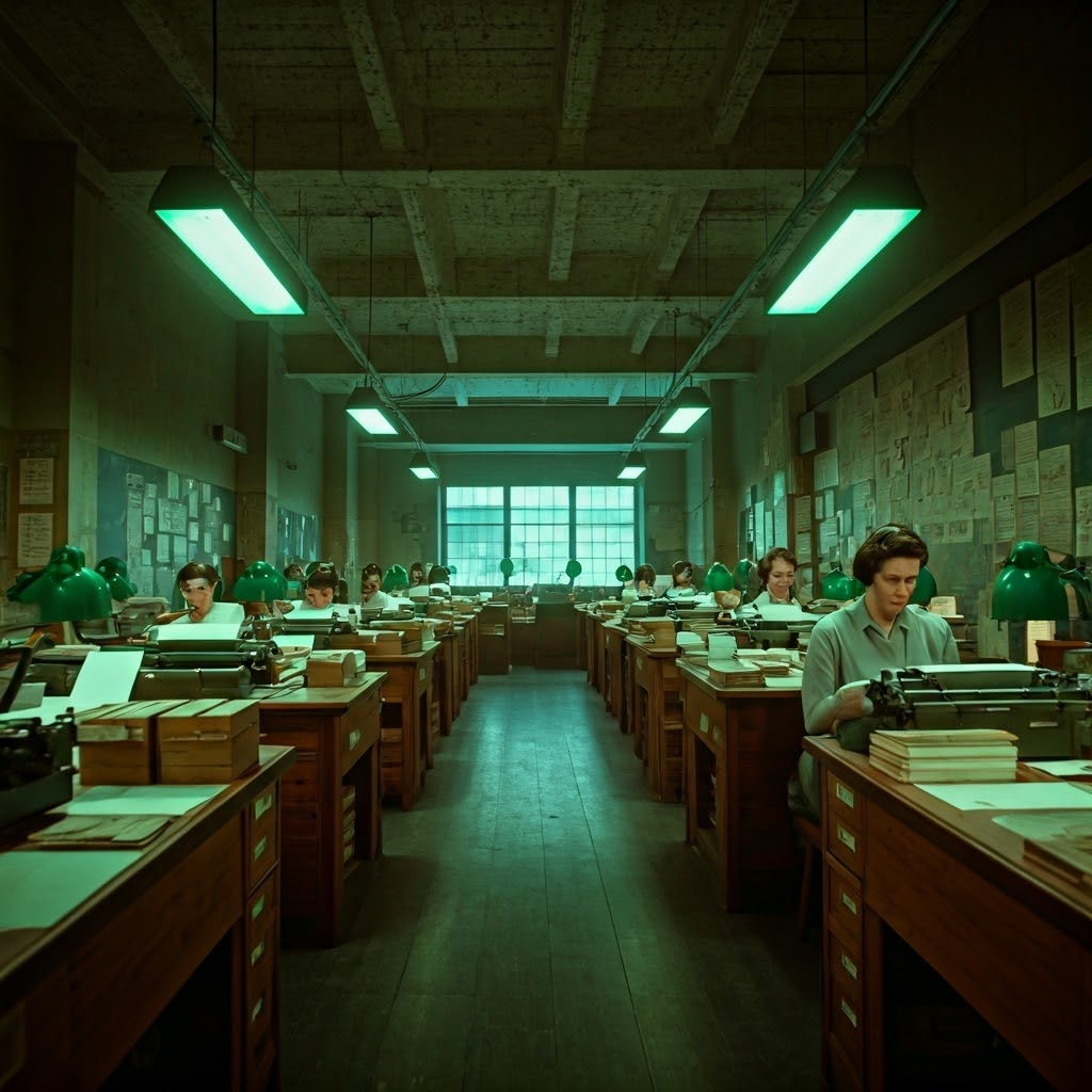 Rows of women operate typewriters in a wartime U.S. code office, green lights casting a cool glow as concentration fills the room.