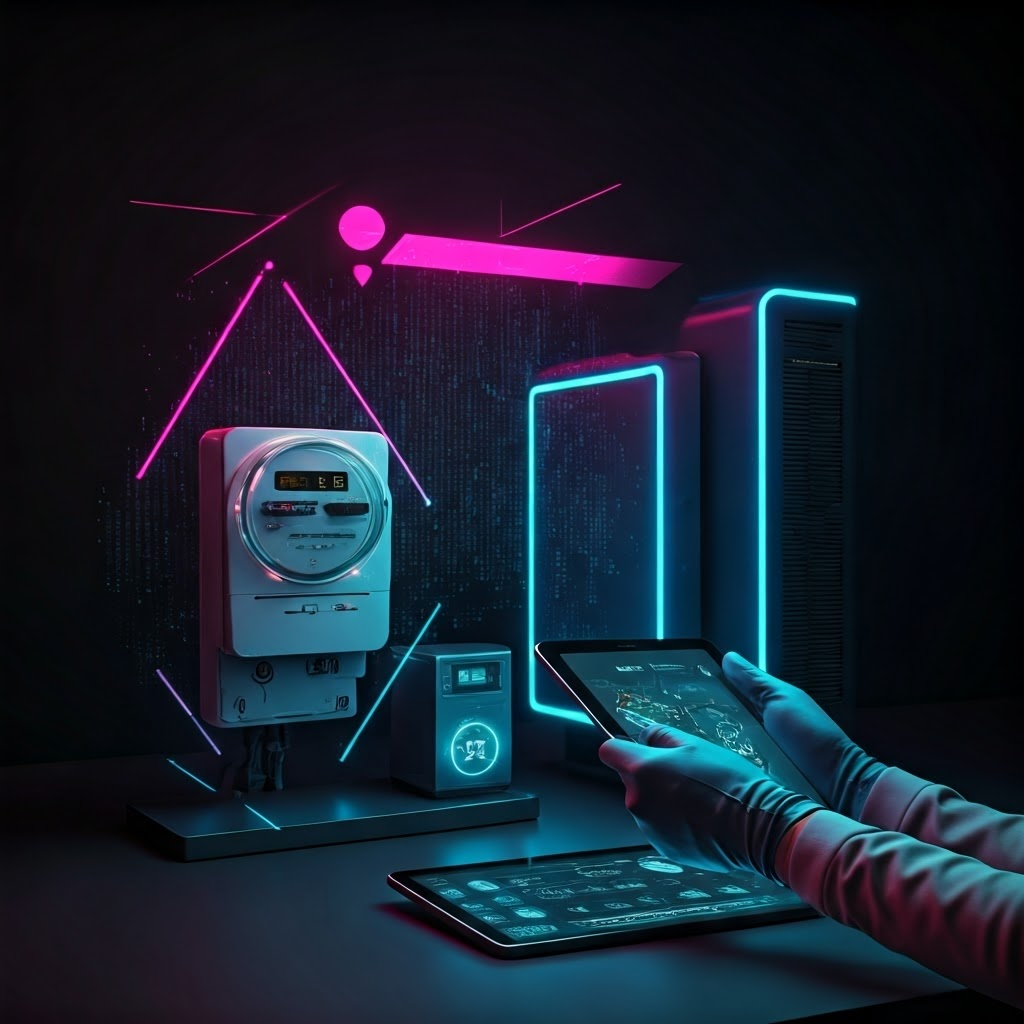 Neon cyberpunk scene of a smart meter and home battery exchanging data streams