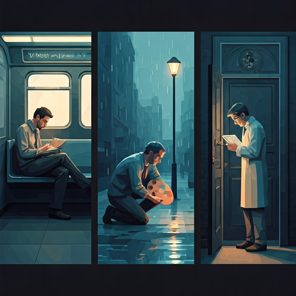 Illustration of triptych showing writer eavesdropping on subway, artist spotting color in puddle, and inventor studying a hinge, all in low-poly style.