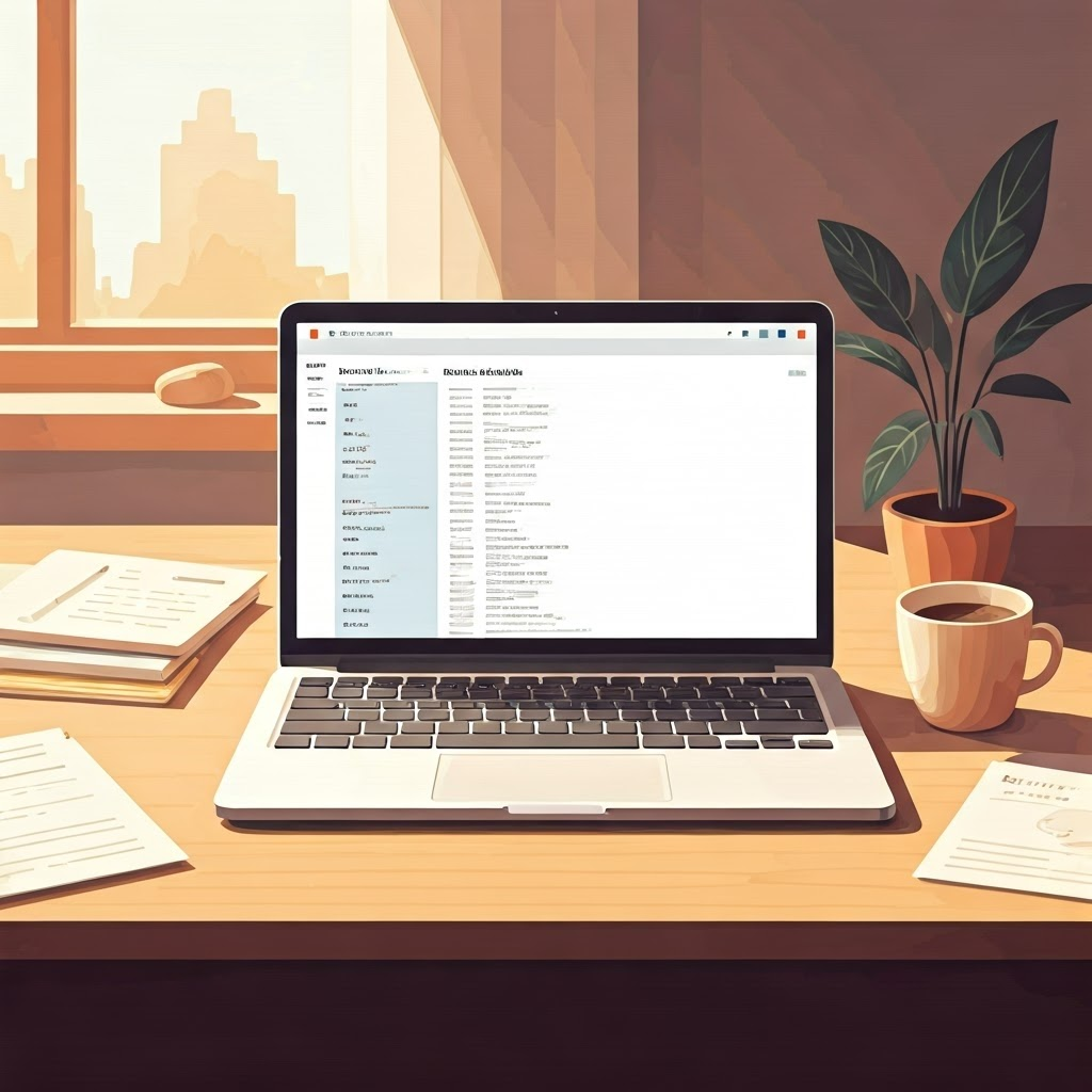 Desk with laptop displaying a Markdown cheat sheet, colorful notes, and coffee in soft light