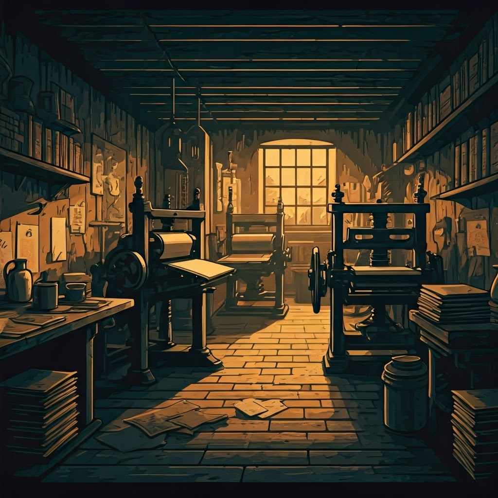 Noir woodblock view of hidden presses where printers mix ink by lamplight among secret manuscripts
