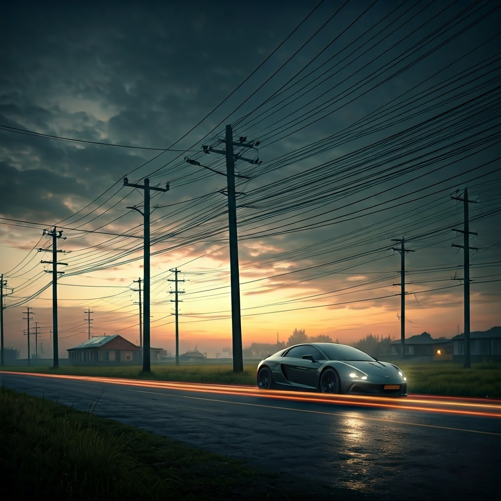 Matte painting of old power lines above a rural town while an electric car charges