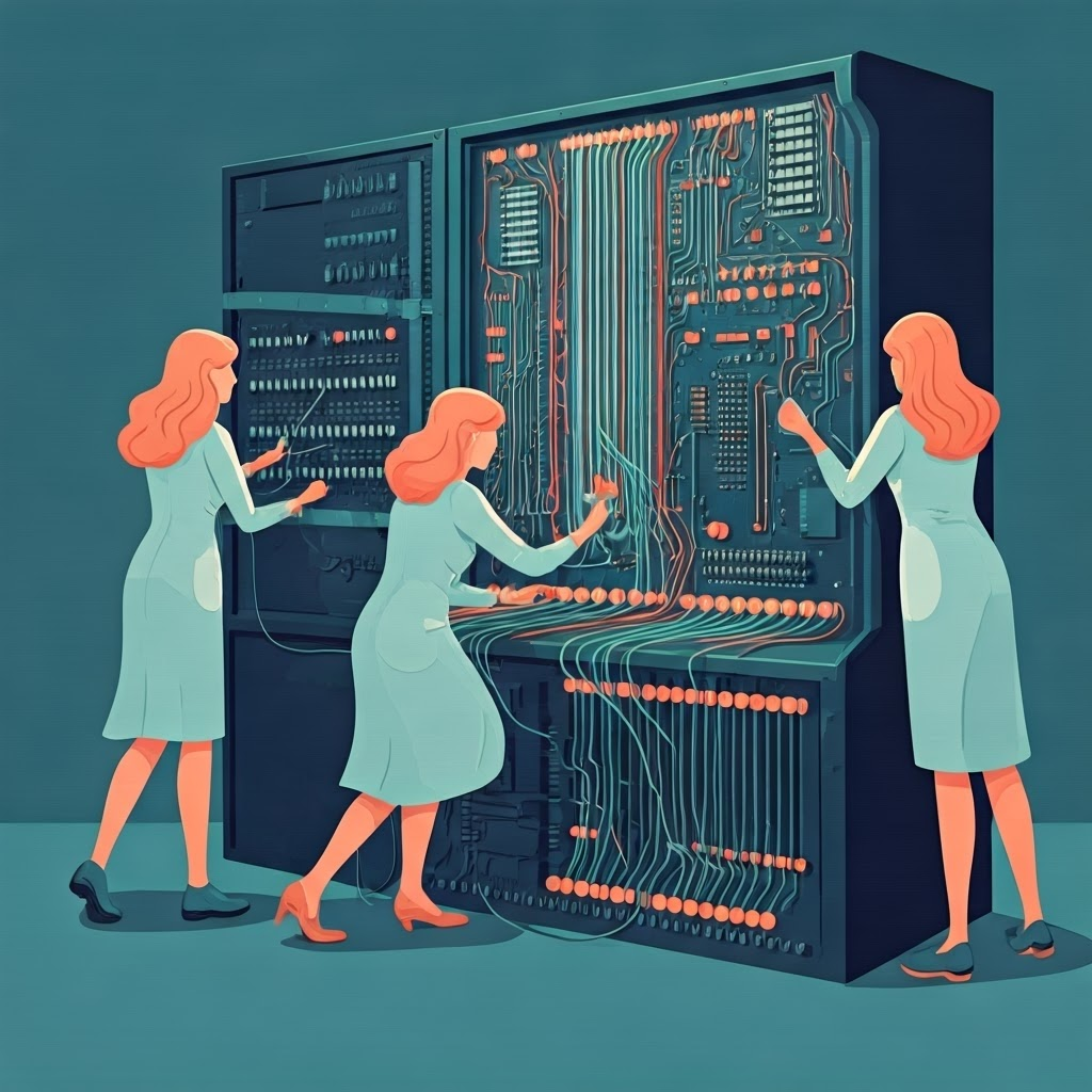 Women in lab coats trace wires inside a giant early computer, highlighting hands-on problem solving.