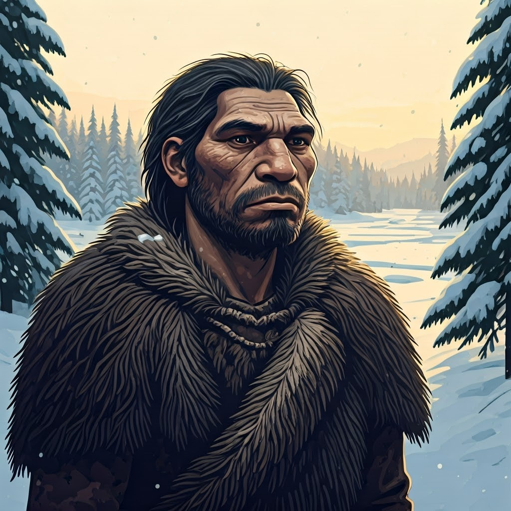 Woodcut-style portrait of a fur-clad Neanderthal standing in snowy pines.