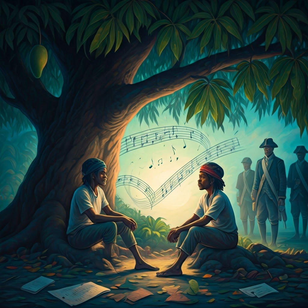 Under a giant mango tree, Maroons share whispered plans while musical notes float like coded messages, soldiers lurking at the edge.