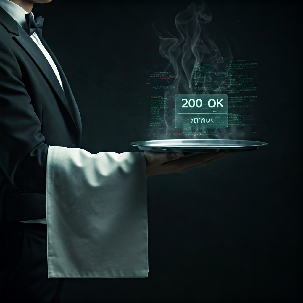 Waiter-style server presenting a platter labeled 200 OK, symbolizing a successful HTTP response
