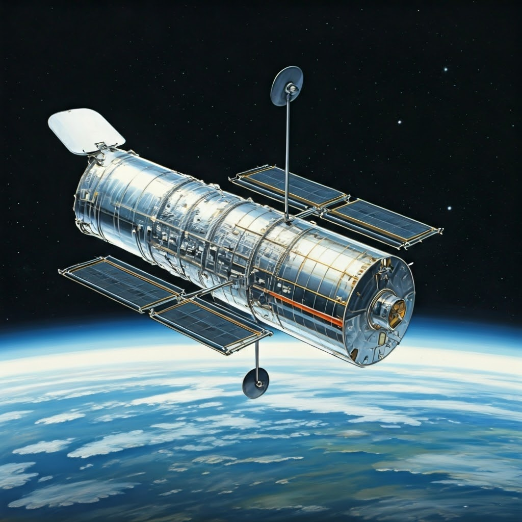 Hubble Telescope in orbit with highlighted star tracker and sun sensor modules.