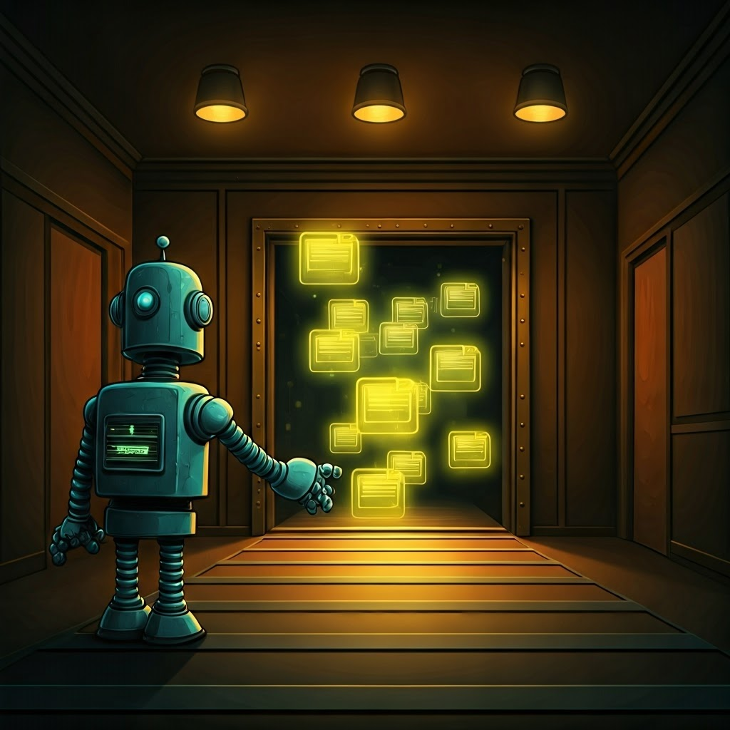 Playful cartoon robot directing glowing file icons through a secure gateway, showing traffic management