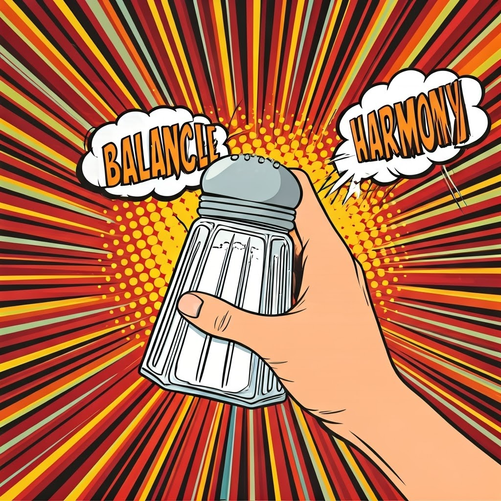 Pop-art illustration of a person holding a salt shaker with words Balance Harmony Senses in bold colors