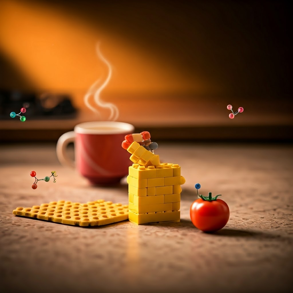 LEGO bricks morphing into a tomato, cracker, and coffee cup on a warm kitchen counter, illustrating how simple pieces assemble into complex foods.