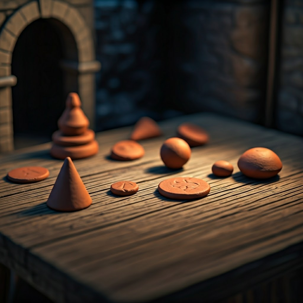 Close-up of ancient clay tokens on wooden table under torchlight, highlighting early accounting tools.