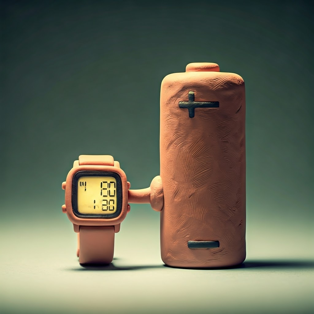 A clay diorama shows a pocket-sized digital watch powered by a coin-cell battery, highlighting low-power embedded design.