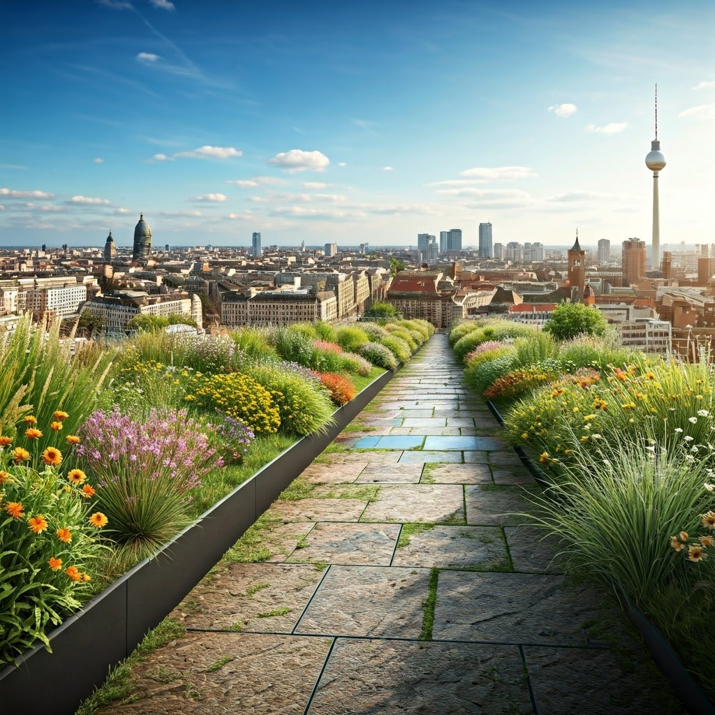 Rooftop green garden and permeable alley demonstrate water absorption and urban cooling.