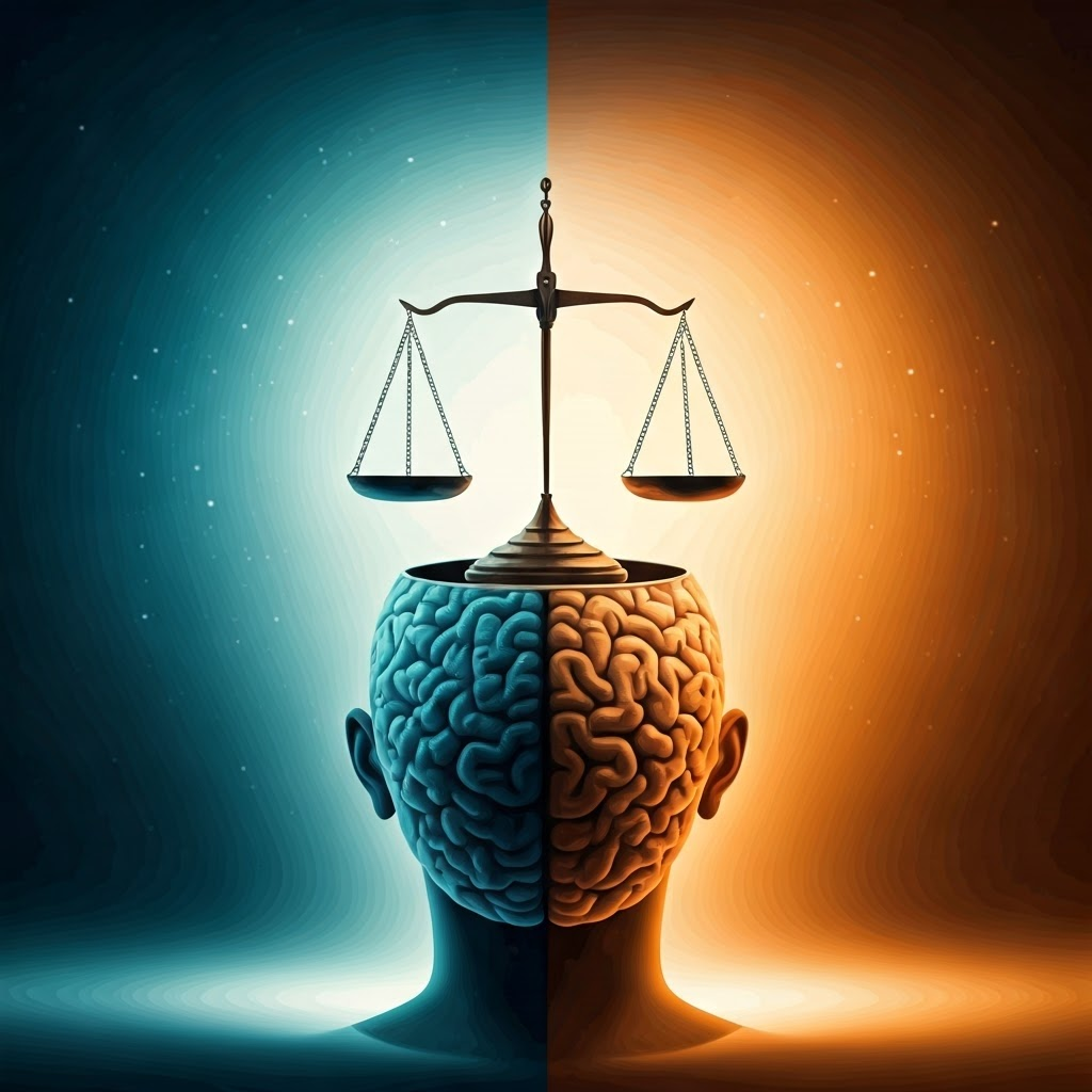 Watercolor scene of a balanced scale above an open brain, one side calm blue and the other lively orange, illustrating the ideal arousal zone